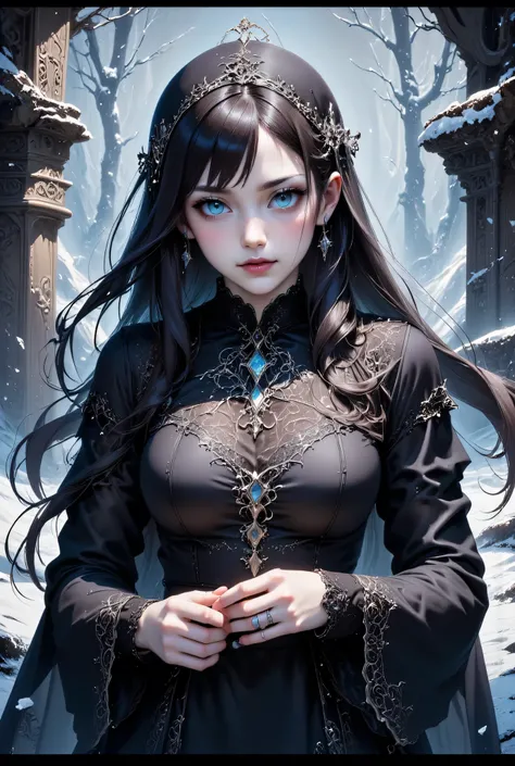 A hauntingly beautiful gothic woman with piercing, glowing eyes and dark makeup, standing in a mysterious, snowy landscape. She wears an intricate black lace hooded cloak, with strands of dark hair flowing wildly in the cold wind. Her pale, freckled skin c...