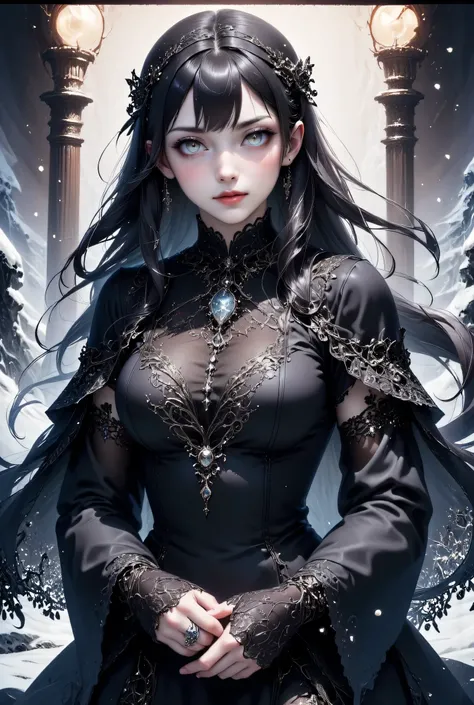 A hauntingly beautiful gothic woman with piercing, glowing eyes and dark makeup, standing in a mysterious, snowy landscape. She wears an intricate black lace hooded cloak, with strands of dark hair flowing wildly in the cold wind. Her pale, freckled skin c...