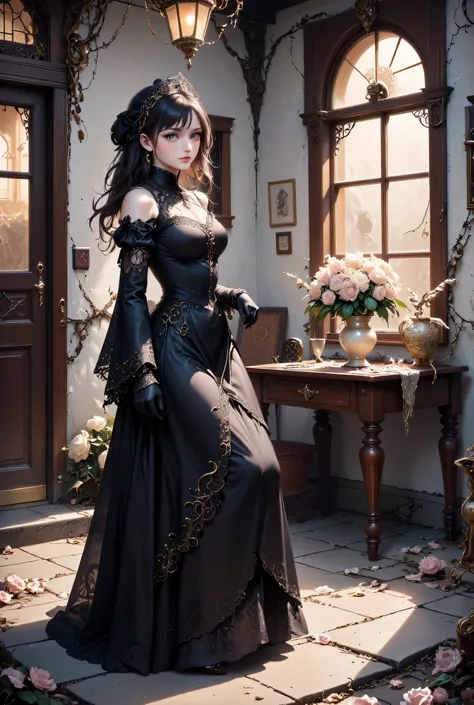 A stunning gothic woman in an elegant, flowing black ball gown stands gracefully in a decayed yet romantic courtyard. She gazes to the side, her dark hair styled in a messy yet elegant. Her dress is adorned with delicate lace and off-the-shoulder details, ...