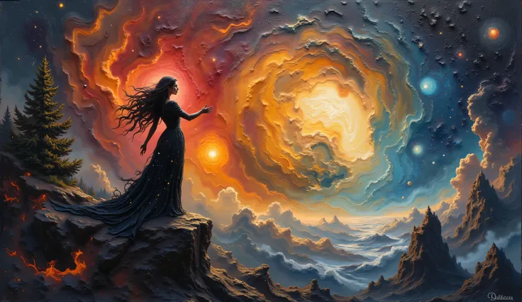a painting of a woman standing on a rock Above a forest, in the background, one can see the treetops. , goddess of night, moon goddess, as the moon goddess, Sam Guay, radiating red light , Inspired by Donato Giancola, blue ethereal light , Alberto Lynch,...