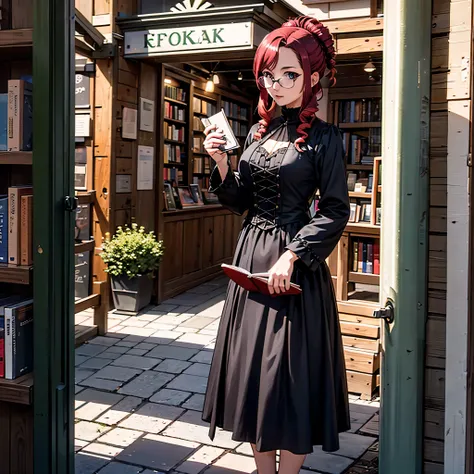 Mizuho Kazami, (stylized by Robert Crumb), English woman, 1 woman, solo, mature, good figure, detailed face, red hair, purple eyes, glasses, hair up in bun, sidelocks, drill hair, standing, gothic dress, scarlet dress, gothic city, medieval style, no emoti...