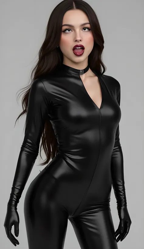 Realistic, life-like, upper-body shot,brown hair in an aristocratic style, dark red lipstick, latex catsuit, elbow-long latex gloves, (thigh-high latex boots:2)