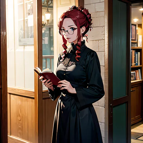 Mizuho Kazami, (stylized by Robert Crumb), English woman, 1 woman, solo, mature, good figure, detailed face, red hair, purple eyes, glasses, hair up in bun, sidelocks, drill hair, standing, gothic dress, scarlet dress, gothic city, medieval style, no emoti...