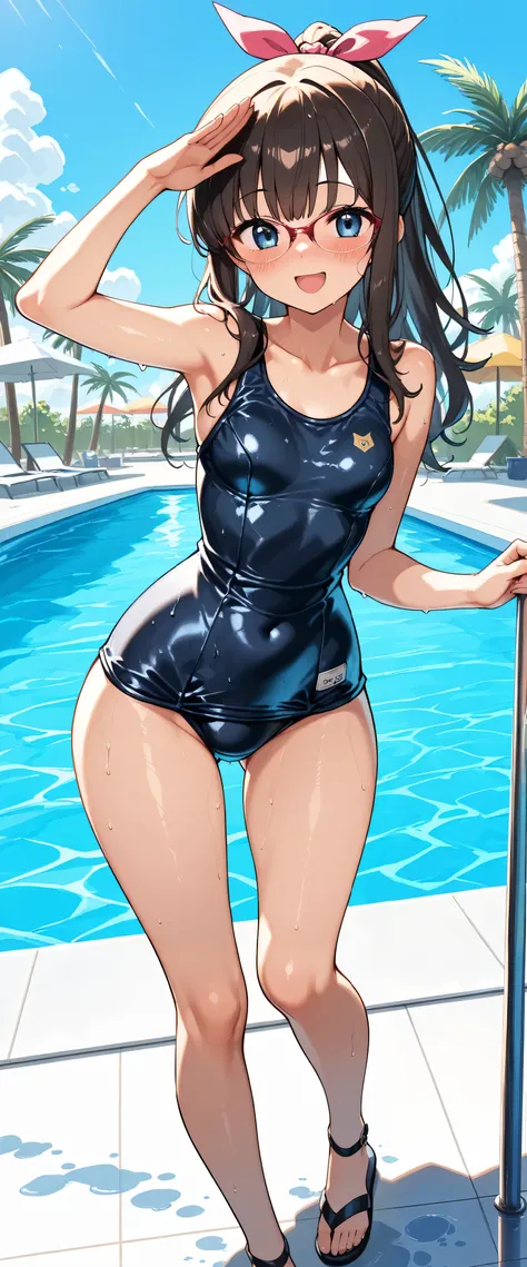 (masterpiece), best quality, , perfect face,1 girl,dawn,,small breasts,wide hips, thin waist, (Sexy Girl),school swimsuit,, With ribbon, salon,Heeled Sandals,  is nice_feet,blushing,smile,Swimsuit model,is standing, feetを開いて,wet,wet body,excited,posing for...