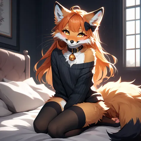 full body、Solo、unpralleled masterpiece、Detailed、 Beautiful、 score_9、 score_8_up、 score_7_up、moody atmosphere、mysterious、fox、anthro、furry、female、orange fur、(long hair、beautiful hair、orange hair、side swept hair、bangs)、yellow eyes、(fur tuft on chest、tuft of f...