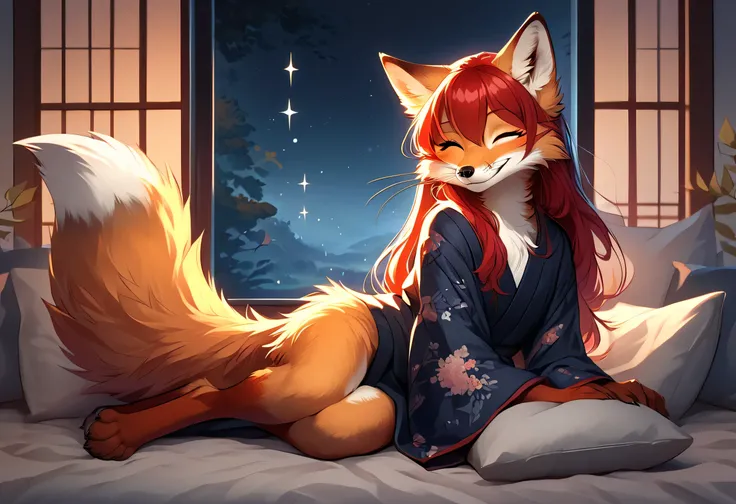Solo、unpralleled masterpiece、Detailed、 Beautiful、 score_9、 score_8_up、 score_7_up、moody atmosphere、mysterious、fox、anthro、furry、female、orange fur、(long hair、beautiful hair、scarlet red hair、side swept hair、bangs)、yellow eyes、(tuft of fur)、(digitigrade、claws、...