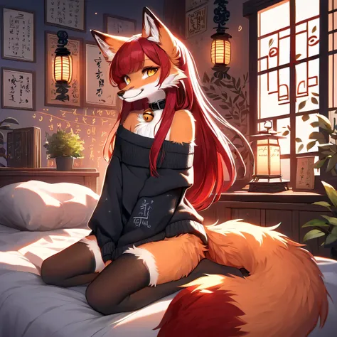 full body、Solo、unpralleled masterpiece、Detailed、 Beautiful、 score_9、 score_8_up、 score_7_up、moody atmosphere、mysterious、fox、anthro、furry、female、orange fur、(long hair、beautiful hair、dark scarlet red hair、side swept hair、bangs、hair bow in hair)、yellow eyes、(...