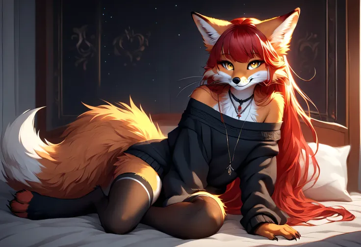 full body、Solo、unpralleled masterpiece、Detailed、 Beautiful、 score_9、 score_8_up、 score_7_up、moody atmosphere、mysterious、fox、anthro、furry、female、orange fur、(long hair、beautiful hair、scarlet red hair、side swept hair、bangs)、yellow eyes、(digitigrade、claws、fox ...