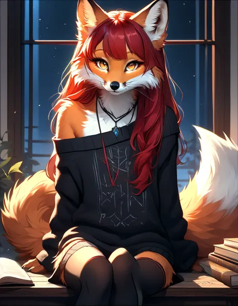 full body、Solo、unpralleled masterpiece、Detailed、 Beautiful、 score_9、 score_8_up、 score_7_up、moody atmosphere、mysterious、fox、anthro、furry、female、orange fur、(long hair、beautiful hair、scarlet red hair、side swept hair、bangs)、yellow eyes、(digitigrade、claws、fox ...