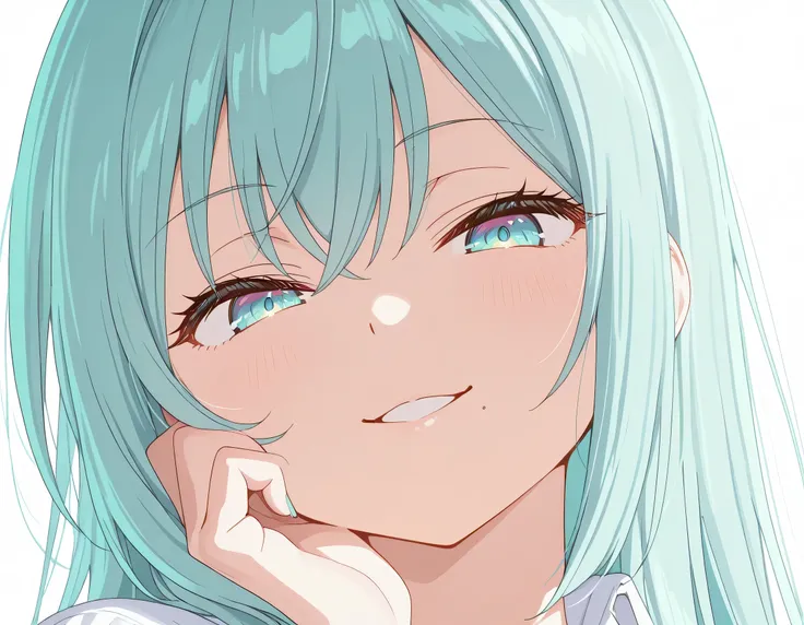 ultra high definition simple white background cute girl light Aqua hair straight short haire Perfect Hand Anatomy solo seductive squat seductive smile