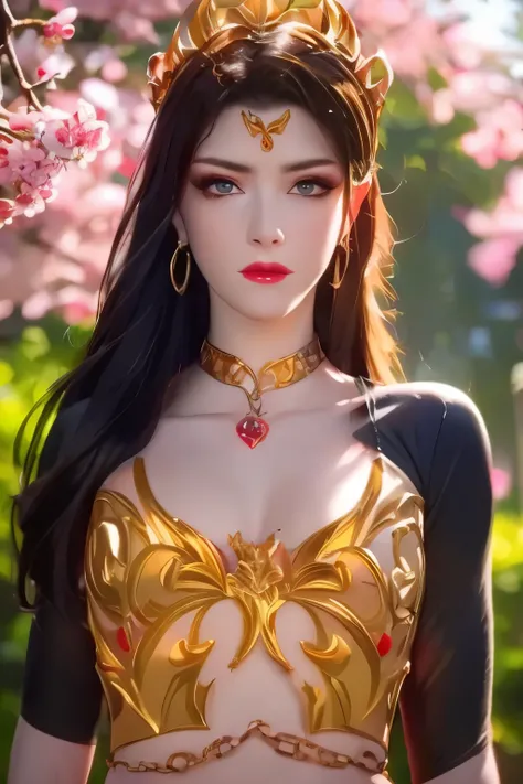 One 20 year old girl, breast 1.1, navel,upper body,bare shoulders,wears red tube top,red skirt, blue gems,shiny skin,hand in own hair,(mature female),milf, beautiful cai lin, deep blue eyes, jet black long hair, face symmetry 8k resolution high quality. ...