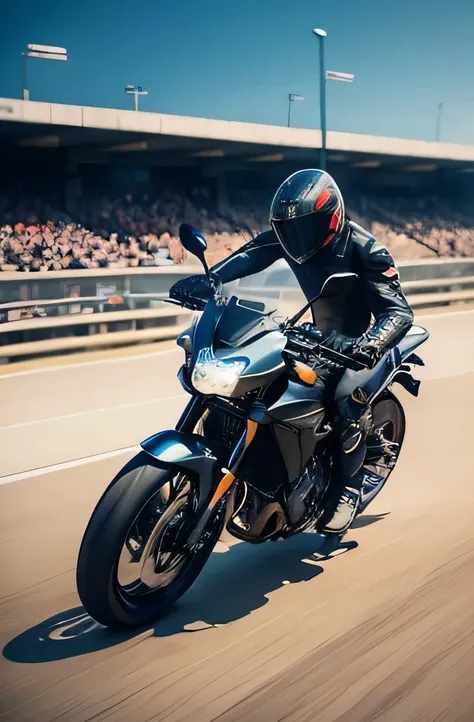 two people riding motorcycles on a track with a crowd watching, daniel maidman octane rendering, rgp artwork, akira cgi movie stills, official artwork hdr, key art, motorcycle concept art, high speed action, cycles 3 d render, rendered in cinema 4 d octane...
