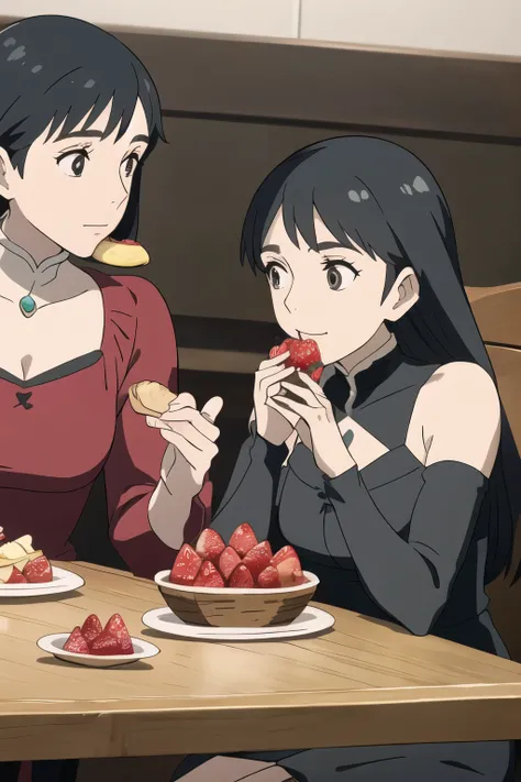 I want you to make me an image of Cecilion and Carmilla, two heroes from Mobile Legends, sitting and eating strawberries while talking happily, with a visual style similar to the one in the game. Black-haired Carmilla and black-haired Cecilion