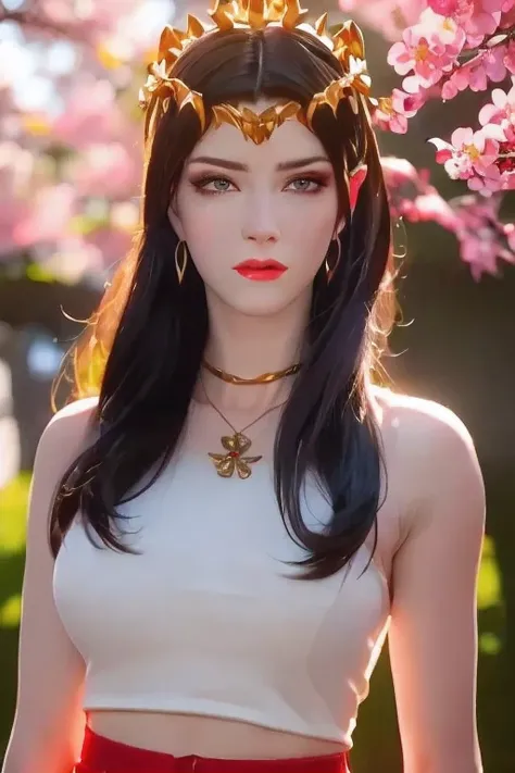 One 20 year old girl, breast 1.1, navel,upper body,bare shoulders,wears red tube top,red skirt, blue gems,shiny skin,hand in own hair,(mature female),milf, beautiful cai lin, deep blue eyes, jet black long hair, face symmetry 8k resolution high quality. ...