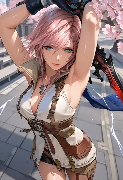 best quality, masterpiece, 1 girl, Lightning from Final Fantasy XIII, Final Fantasy XIII, cowboy shot, A city full of machines, looking at viewer, large medium bosom, Lightning's clothes, holding her sword, masterpiece, best quality, amazing quality, detai...
