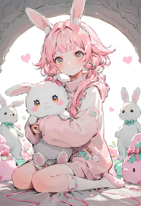 Cute anime girl with fluffy bunny ears, wearing an oversized beige turtleneck sweater with long sleeves that slightly cover her hands. She has white knee-high socks with delicate lace trim and soft bunny slippers. She is holding a plush rabbit toy with flo...