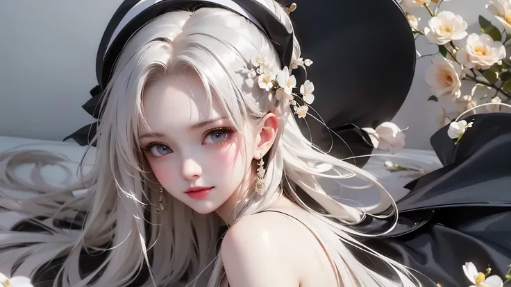 Black and White Color Schemes , Sexy Girl Working At A Flower Shop ,beautiful , small,Silvery Curly Hair、portrait、Upper body above lower back、valley