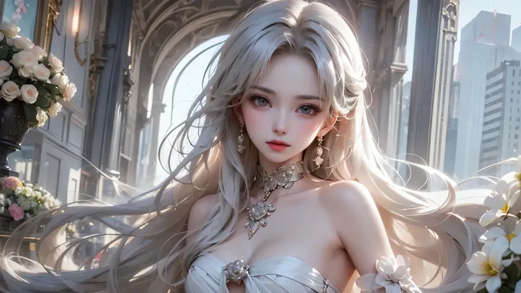 Black and White Color Schemes , Sexy Girl Working At A Flower Shop ,beautiful , small,Silvery Curly Hair、portrait、Upper body above lower back、valley
