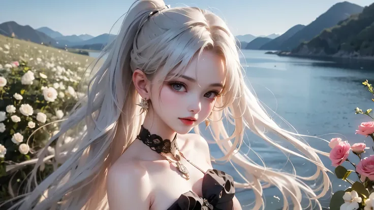 Black and White Color Schemes , Sexy Girl Working At A Flower Shop ,beautiful , small,Silvery Curly Hair、portrait、Upper body above lower back、valley