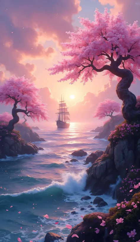 breathtaking fantasy seascape known as the 'Sakura Sea', vast ocean glows with a soft, ethereal pink hue, infused with the essence of cherry blossoms, gentle waves shimmer, twilight sky, reflecting the delicate petals that drift endlessly across the water,...
