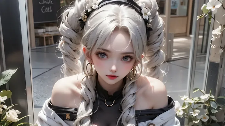 Black and White Color Schemes , Sexy Girl Working At A Flower Shop ,beautiful , small,Silvery Curly Hair、portrait、Upper body above lower back、valley