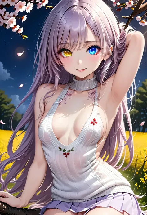 ((Highest quality, 8K, best quality, masterpiece)), ((Real girl)), ((Virgin Killer sweater)), ((Fairy high school girl with heterochromia)), ((Heterochromia, blue eyes, golden eyes)), ((Sparkling and detailed eyes)), (Very precise eyes), (Long platinum and...