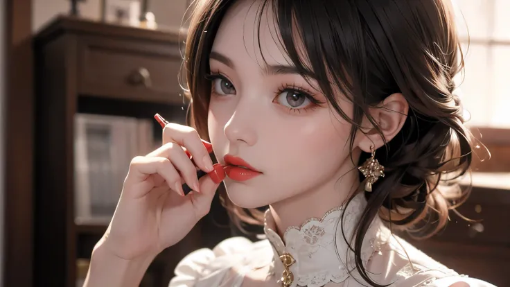 A girl applies lipstick