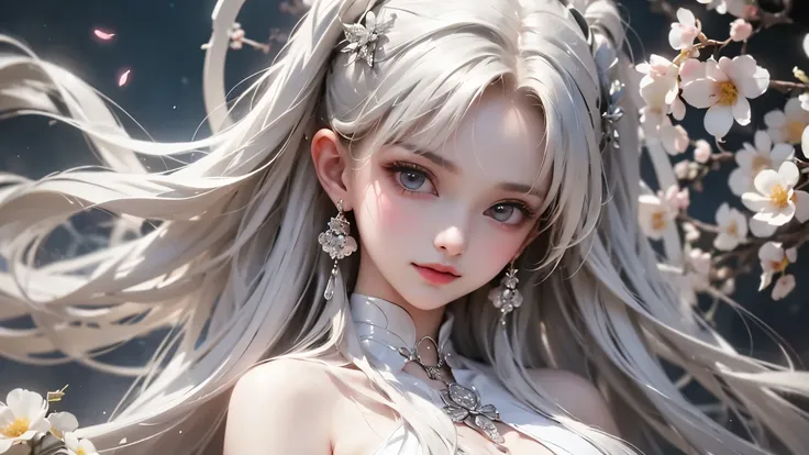 Black and White Color Schemes , Sexy Girl Working At A Flower Shop ,beautiful , small,Silvery Curly Hair、portrait、Upper body above lower back、valley