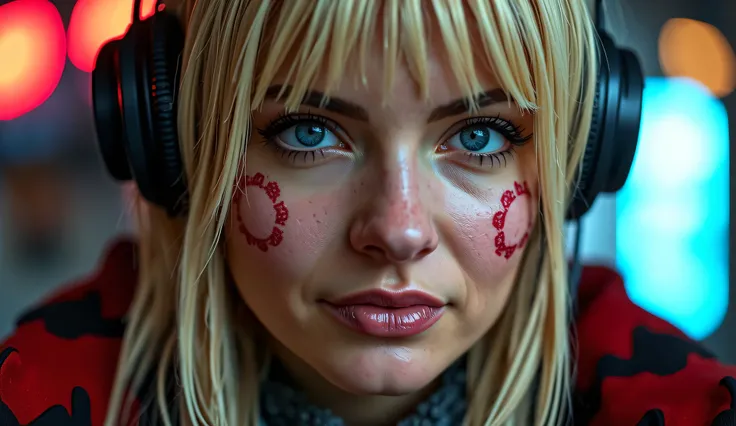 A blonde American woman with lots of skin texture details. Dressed in a very detailed cyberpunk-style outfit. With very few cyborg details on the face. Add lots of surface details and surface imperfections. Increase texture quality to maximum. 8K texture ...