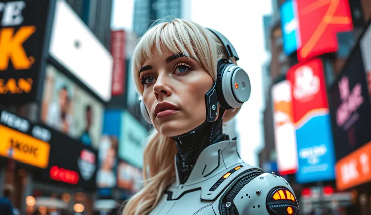 A blonde American woman with lots of skin texture details. Dressed in a very detailed cyberpunk-style outfit in the middle of New York's Times Square. With a few cyborg robotic features on the face. Ultra details on the cyborg parts. Add lots of surface d...