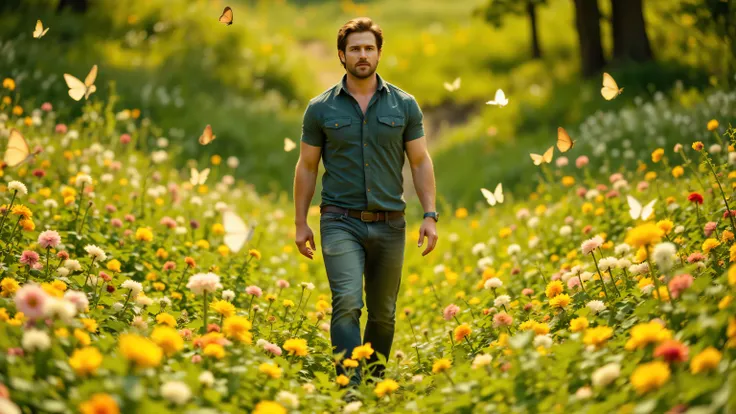 High quality, realistic photo. 4k image. Handsome man, walking on a path in a meadow, blooming flowers, butterflies flying around