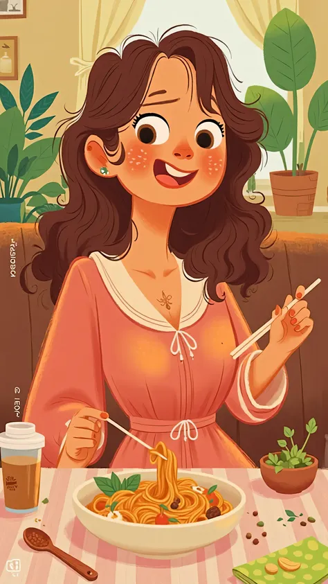 cozy interior medium view front view,A stylish young woman(Long brown wavy hair is naturally flowing,Brown eyes, yellow skin),Wearing a coral pink silk nightdress(The fabric has fine shiny folds),Look at the face,sits on a soft coffee colored sofa。Coffee c...