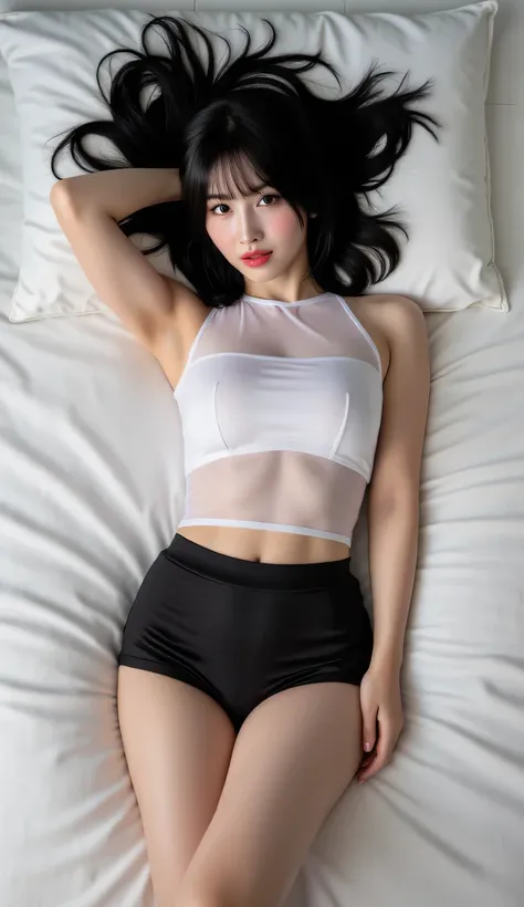 a woman, sleeping supine mattress , shirt looks full body,  body facing the camera , eyes looking at camera , wearing a transparent white sleeveless t-shirt, black satin material shorts, big , bold red lips, seductive face,  slim waist, visible curves, thi...