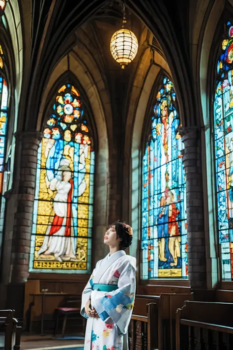 super high image quality、ultra high definition、Ultra high precision、surreal、super realistic、16K.pictures、portrait、(((Strasbourg Cathedral)))、(((Super huge stained glass that makes you feel that it is very tall and has a very high history:1.3)))、(((A large ...