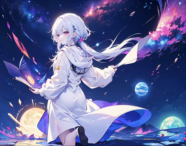 Close-up of a better masterpiece:1.5)0.9],universe,girl,white hoodie,back view,Background of planets and countless stars,angle seen from far away,full body shot,Smile faintly