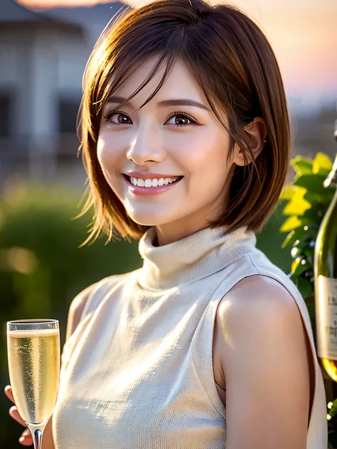 ((champagne))),(( wine glasses)),Wine Party,(White Wine)),(( wine glasseses)),(realistic, 超realistic:1.4), 16K high image qualityR, high image quality ,((White Wine)),happy smile、 Age 33,37 years old, short hair, has the best smile around my eyes、Bro...