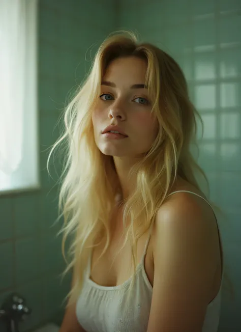 portrait of 1girl, in bathroom, blonde, russian girl, RAW candid cinema, 16mm, color graded portra 400 film, remarkable color, ultra realistic, textured skin, remarkable detailed pupils, realistic dull skin noise, visible skin detail, skin fuzz, dry skin, ...