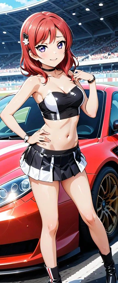 best quality, super high resolution, One person, small breasts, black choker, smile, exposes shoulders, focus only , Viewers,Fair skin,car race track,photon mapping, physics-based rendering, RAW photos , very detailed background, K-pop Idol ,depth of ...