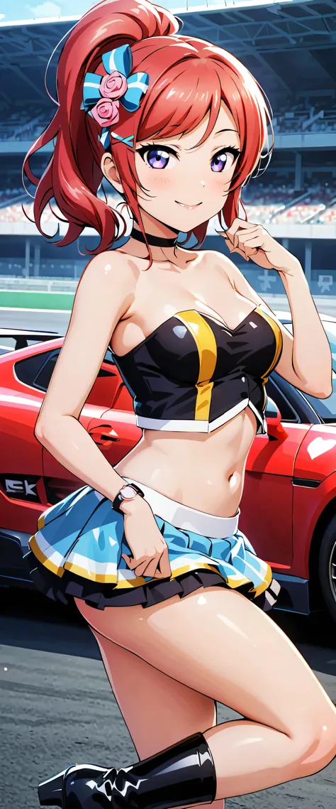 best quality, super high resolution, One person, small breasts, black choker, smile, exposes shoulders, focus only , Viewers,Fair skin,car race track,photon mapping, physics-based rendering, RAW photos , very detailed background, K-pop Idol ,depth of ...