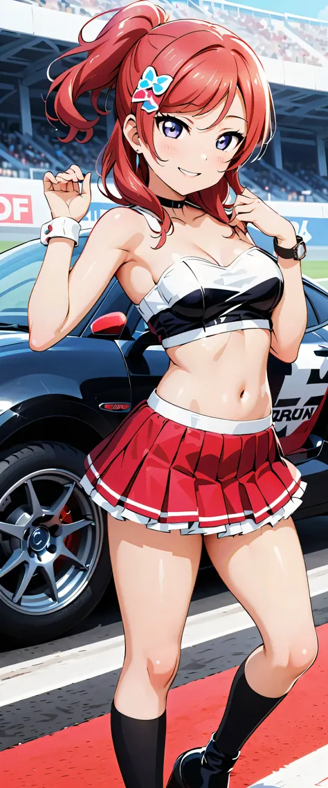 best quality, super high resolution, One person, small breasts, black choker, smile, exposes shoulders, focus only , Viewers,Fair skin,car race track,photon mapping, physics-based rendering, RAW photos , very detailed background, K-pop Idol ,depth of ...