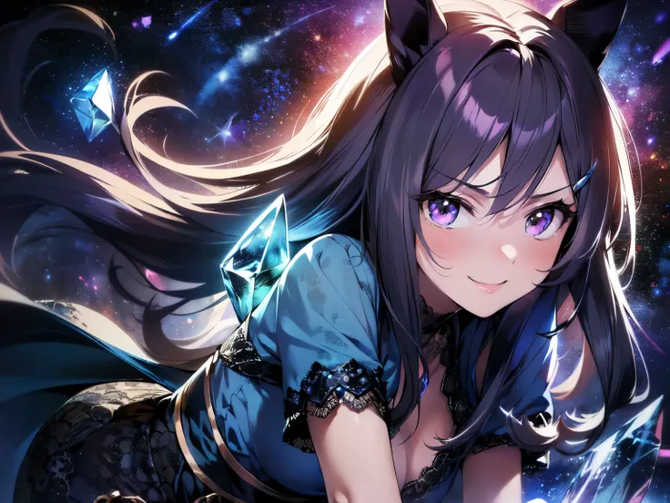 (Solo: 1.5), (Young human girl: 1.5), (Horse ears), (Large breasts), (Looking at camera), (Smiling sweetly: 1.5), (Long black hair), (Hair blowing in the wind), (Dark blue lace short sleeve dress: 1.9), (Black pantyhose), (Hands hidden underneath: 1.5), (L...