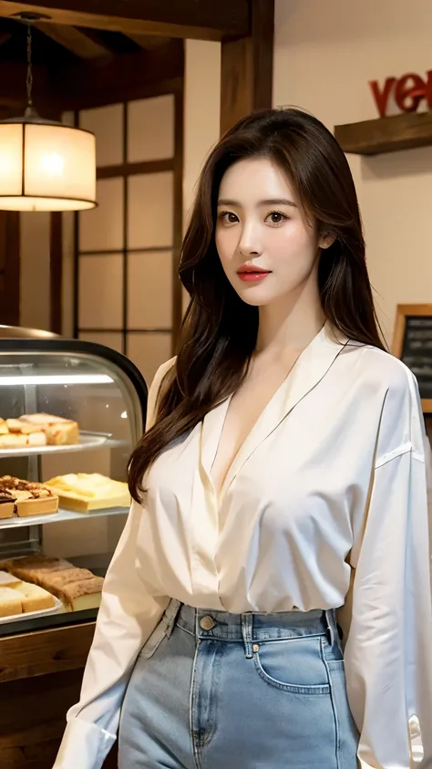 Park Min-Young stands confidently IN FRONT OF THE BAKERY SHOWCASE, her gaze directed at the enticing treats on display. Soft white light, like a gentle morning mist, envelops the scene, highlighting her porcelain skin and subtle highlights. She wears a she...
