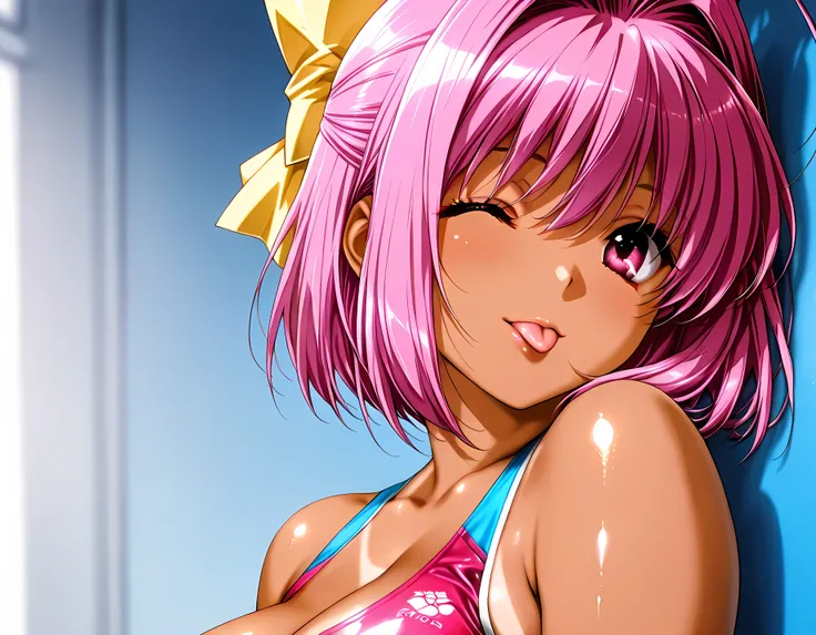 1 girl, jk, gyaru, solo, alone, ((kanon nakagawa, nakagawa_kanon)), short hair, (pink hair), antenna hair, (yellow hair bow:1.2), ((The subject is wearing a large yellow bow of hair on the back of the head)) , pink eyes, The subject is pink eyes, hair betw...