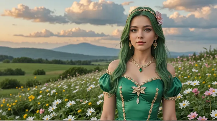 Ultra Realistic Art (Stable_Yogi_pdf file_positive,Stable-Yogi-Makeup-Enhancer-XL, score_9, score_8, score_7)
One Elf Girl, green hair, solo, chest, jewelry by T, brown eyes, look at the person watching, earrings, long hair, flower, cloud, dress, hai...