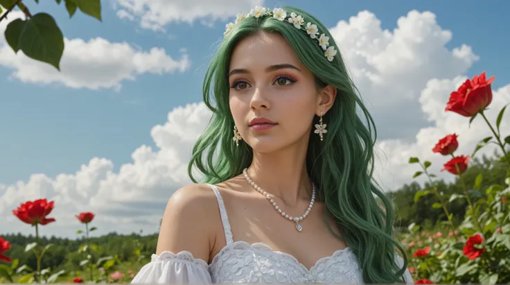 Ultra Realistic Art (Stable_Yogi_pdf file_positive,Stable-Yogi-Makeup-Enhancer-XL, score_9, score_8, score_7)
One Elf Girl, green hair, solo, chest, jewelry by T, brown eyes, look at the person watching, earrings, long hair, flower, cloud, dress, hai...