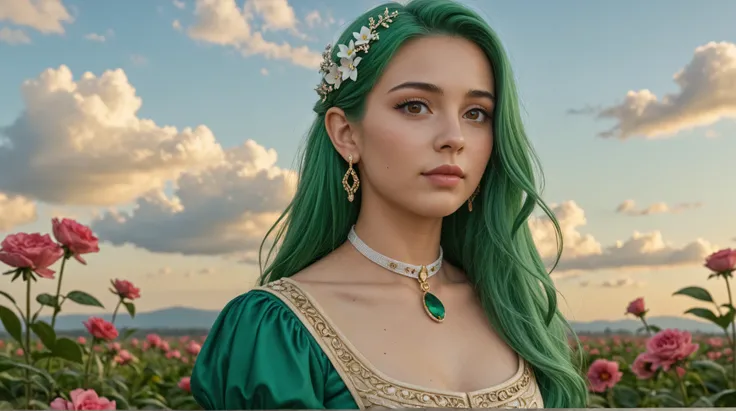 Ultra Realistic Art (Stable_Yogi_pdf file_positive,Stable-Yogi-Makeup-Enhancer-XL, score_9, score_8, score_7)
One Elf Girl, green hair, solo, chest, jewelry by T, brown eyes, look at the person watching, earrings, long hair, flower, cloud, dress, hai...