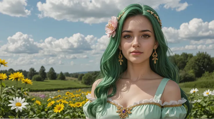 Ultra Realistic Art (Stable_Yogi_pdf file_positive,Stable-Yogi-Makeup-Enhancer-XL, score_9, score_8, score_7)
One Elf Girl, green hair, solo, chest, jewelry by T, brown eyes, look at the person watching, earrings, long hair, flower, cloud, dress, hai...
