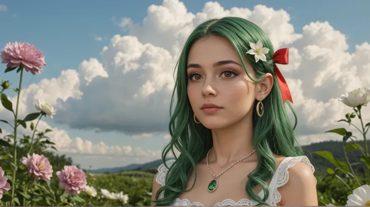 Ultra Realistic Art (Stable_Yogi_pdf file_positive,Stable-Yogi-Makeup-Enhancer-XL, score_9, score_8, score_7)
1 elf girl, green hair, solo, chest, jewelry by T, brown eyes, look at the person watching, earrings, long hair, flower, cloud, dress, hair ...