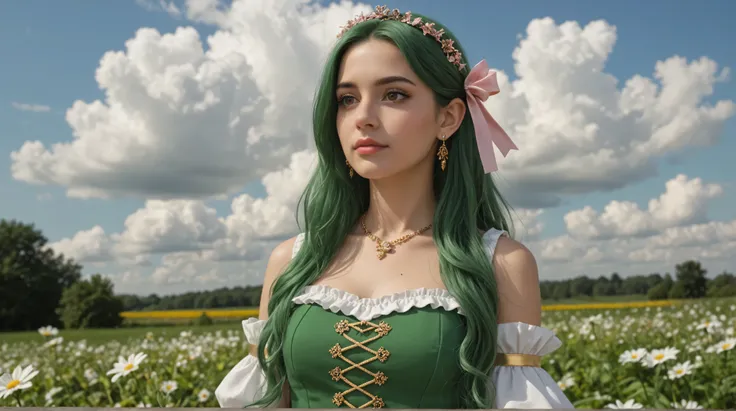 Ultra Realistic Art (Stable_Yogi_pdf file_positive,Stable-Yogi-Makeup-Enhancer-XL, score_9, score_8, score_7)
1 elf girl, green hair, solo, chest, jewelry by T, brown eyes, look at the person watching, earrings, long hair, flower, cloud, dress, hair ...