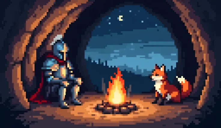 generate an image in aziib pixel style of a knight wearing his medieval helmet resting inside a cave with a campfire and a fox is resting with him (the fox is on the right side of the campfire and the knight is on the left side of the campfire)
